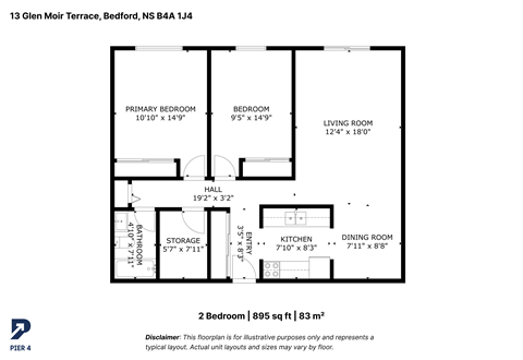 Floor plan for 2 beds, 1 bath, 895 sqft